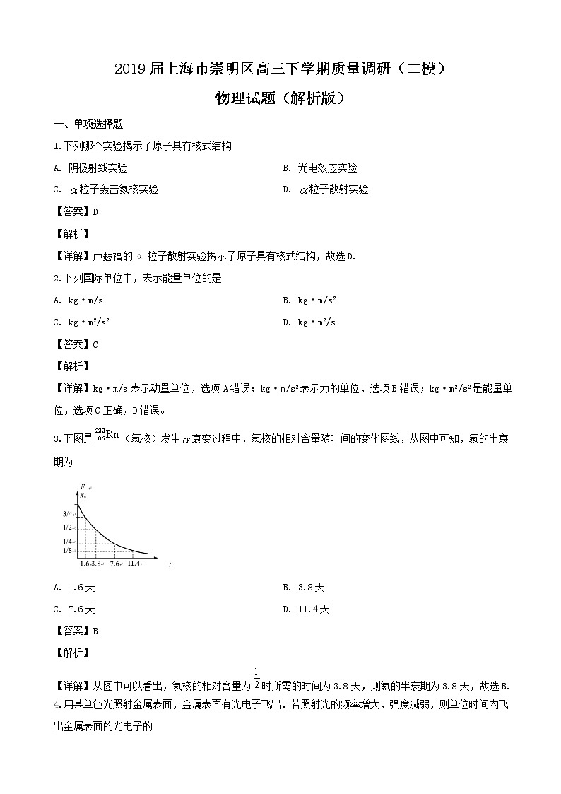2019届上海市崇明区高三下学期质量调研(二模)物理试题(解析版)01