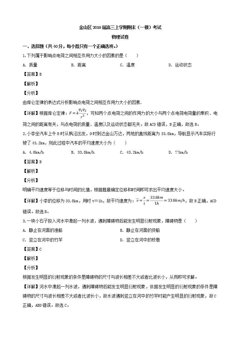 2019届上海市金山区高三上学期期末考试物理试题(解析版)01