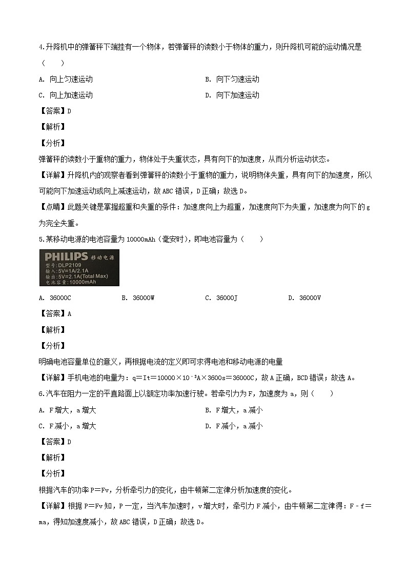 2019届上海市金山区高三上学期期末考试物理试题(解析版)02