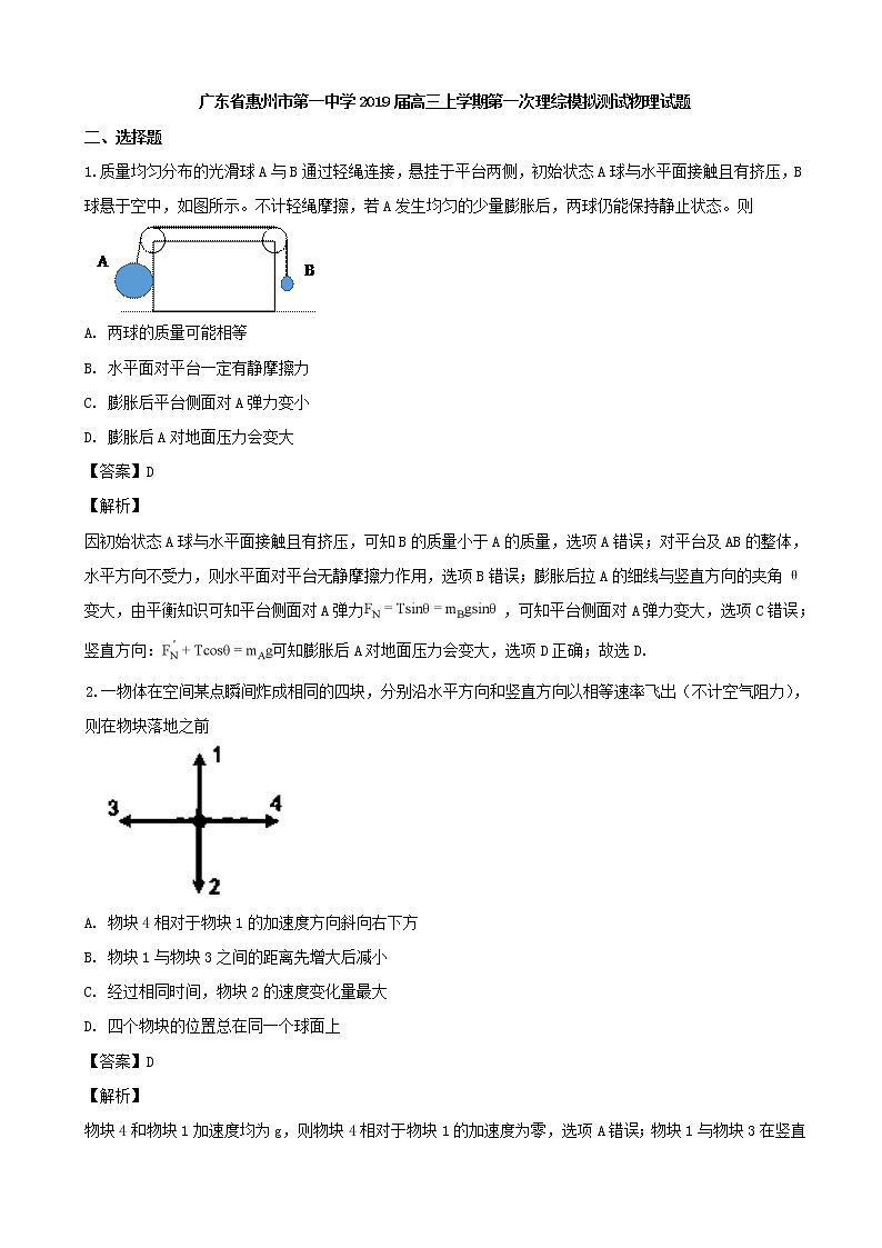 2019届广东省惠州市第一中学高三上学期第一次理综模拟测试物理试题(解析版)第1页