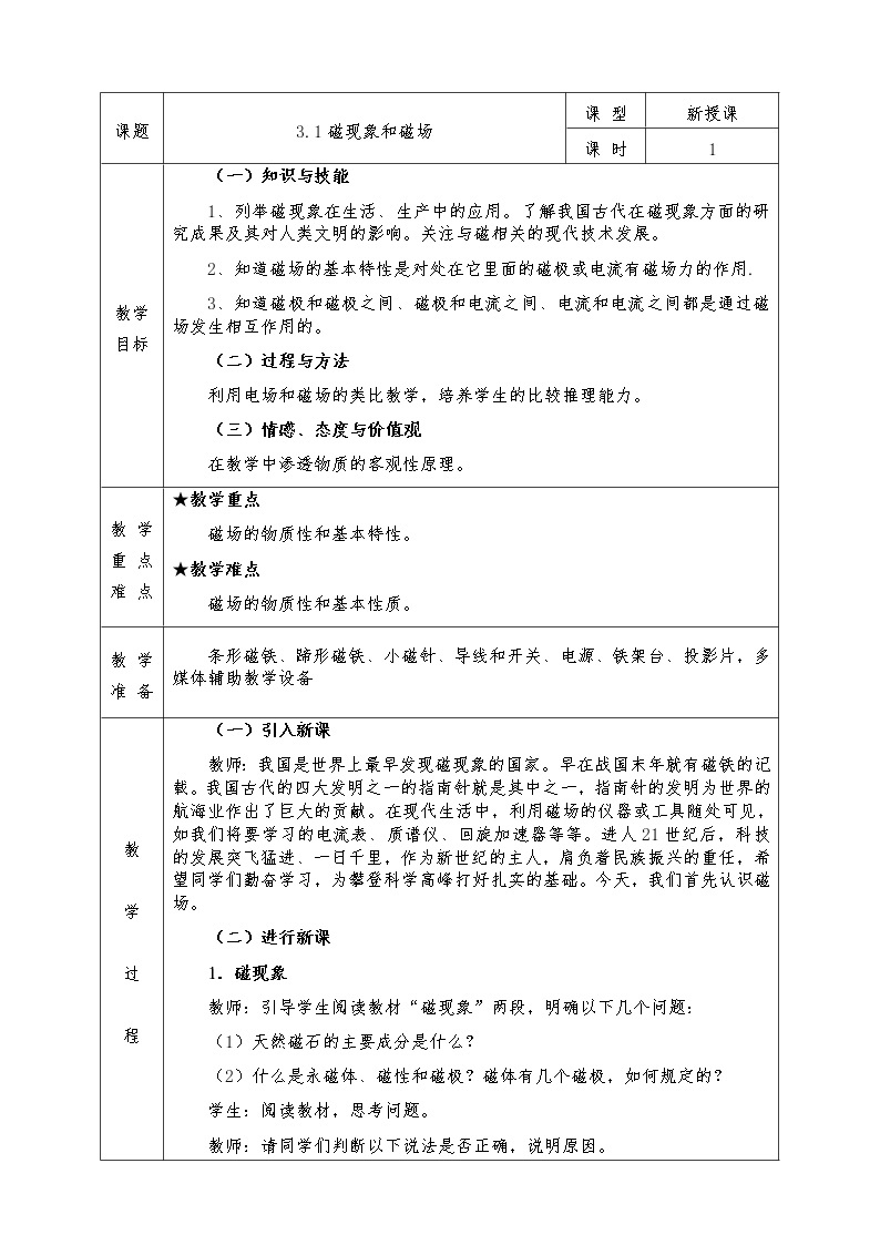 人教版高中物理选修3-1全册教案3.1磁现象和磁场01