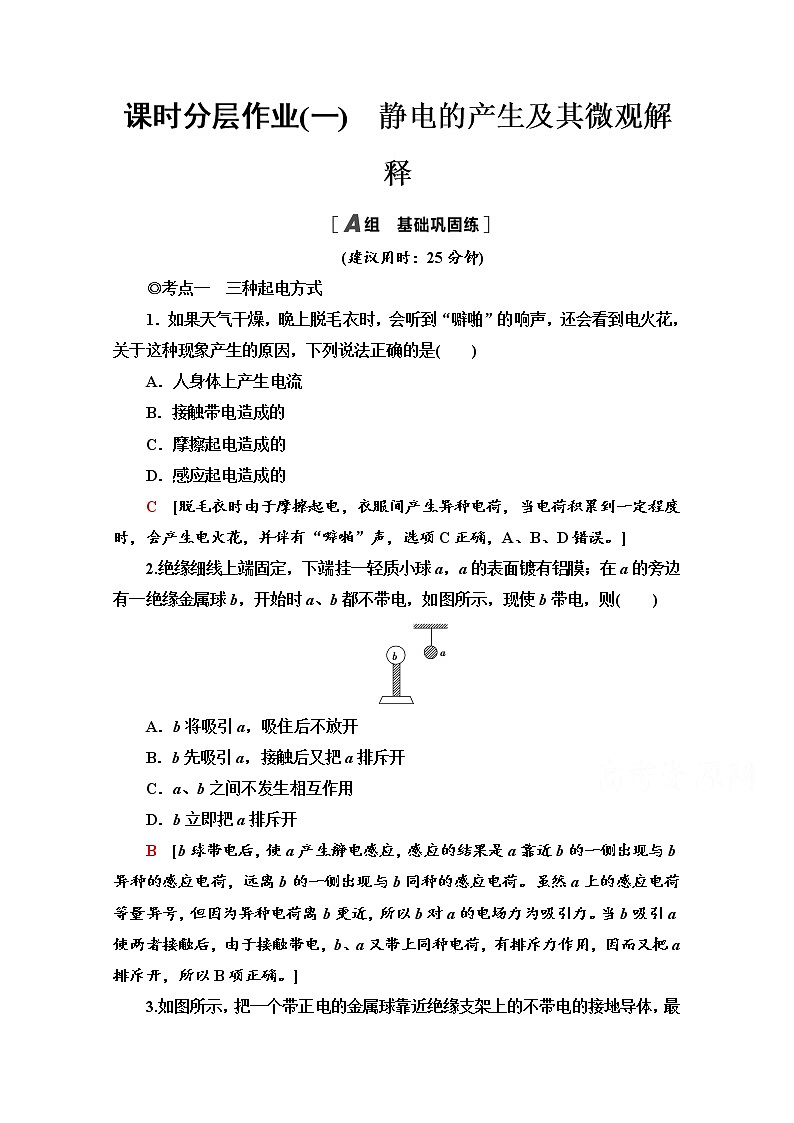 1.1 静电的产生及其微观解释 课时分层作业(含解析) 练习01