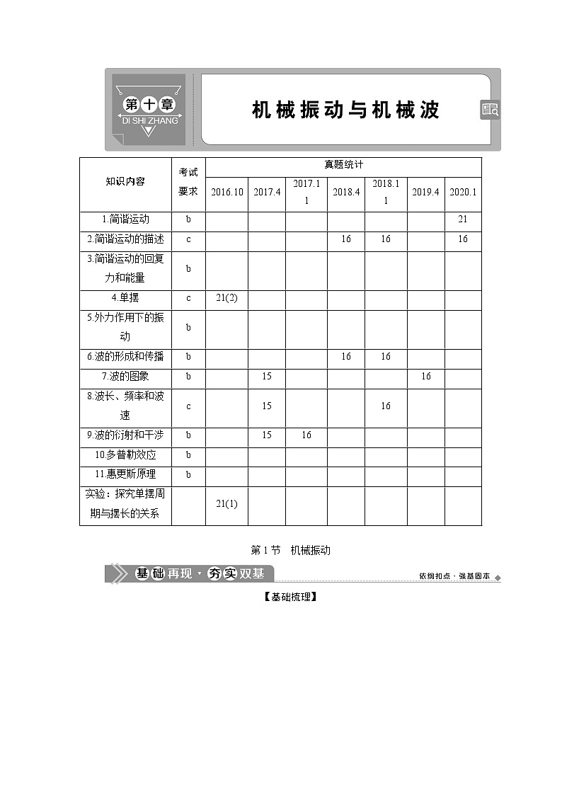 2021版浙江新高考选考物理一轮复习教师用书:13第十章 1第1节 机械振动01