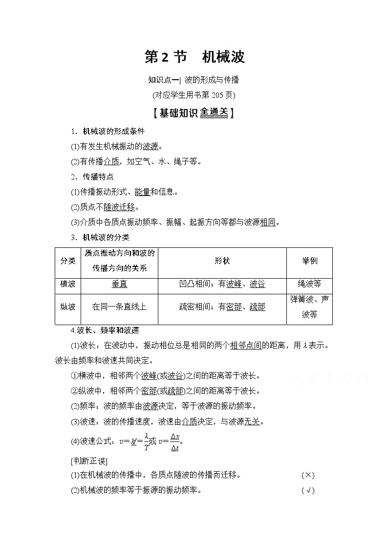 2020版新一线高考物理(新课标)一轮复习教学案:第14章第2节 机械波01