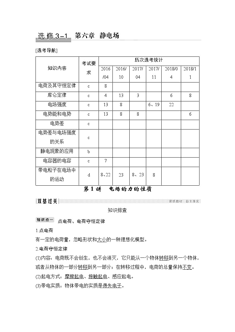 2020版物理浙江高考选考一轮复习讲义:选修3-1第六章第1讲电场的力的性质01