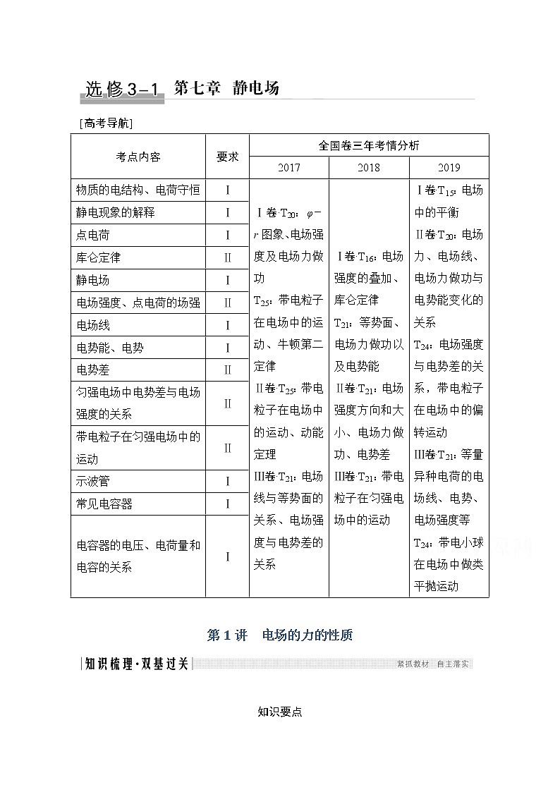2021届高考物理粤教版一轮学案:第七章第1讲电场的力的性质01