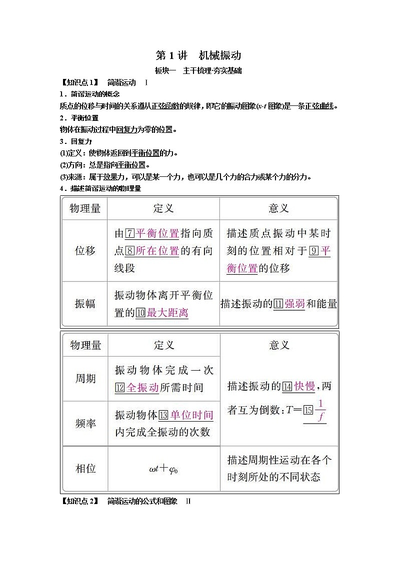 2019届高考物理一轮复习讲义:第15章 第1讲 机械振动(含答案)01