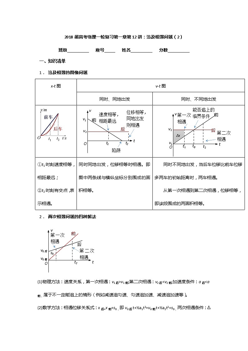 安徽省芜湖市第一中学高考物理一轮复习讲义:第一章第12讲追及相遇问题(2)第1页