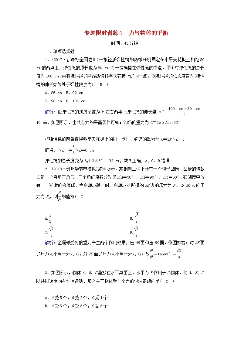 2019届高考物理二轮复习专题限时训练1力与物体的平衡(含解析)01