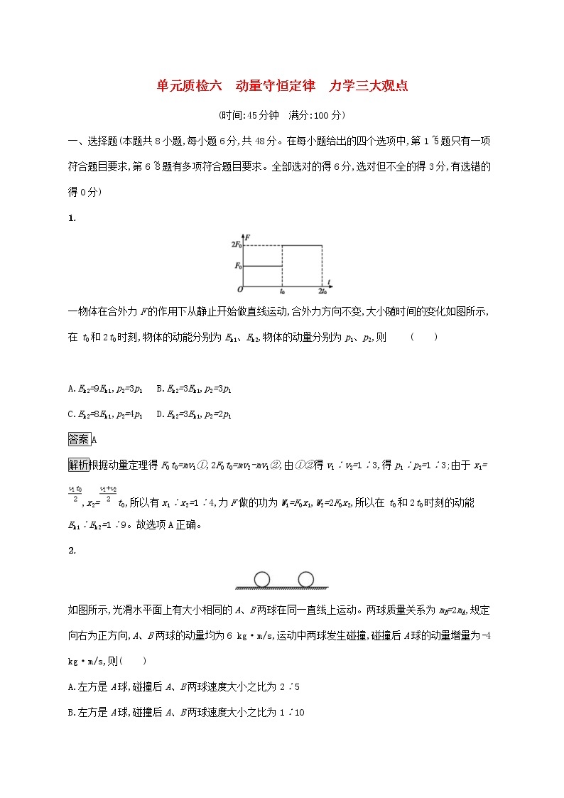 2020版高考物理一轮复习单元质检06 动量守恒定律力学三大观点(含解析)01