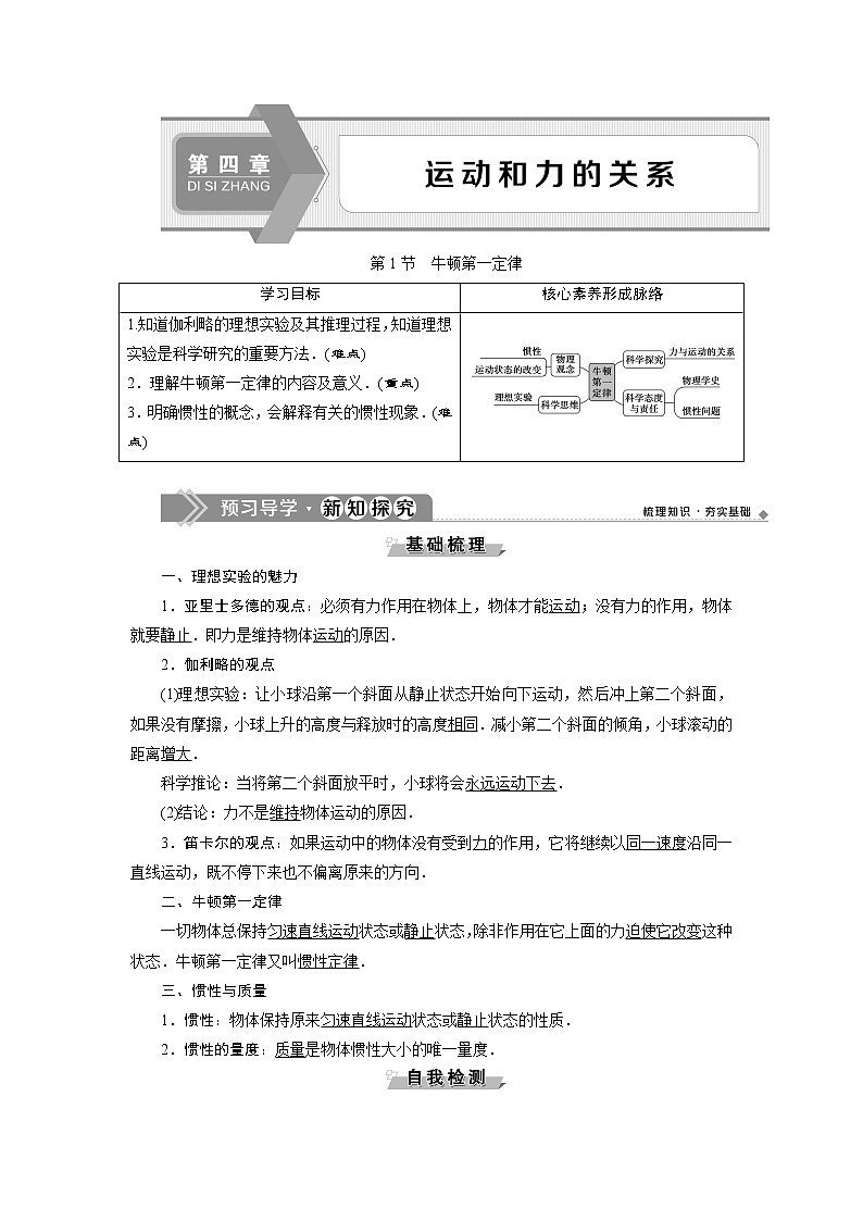 人教版(2019)高中物理必修第一册第四章1 第1节 牛顿第一定律 导学案01