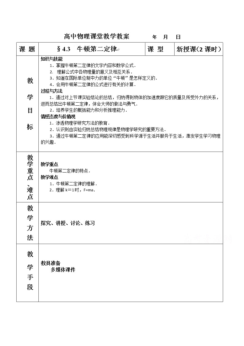 高中物理人教版必修一教案：4.3  牛顿第二定律01