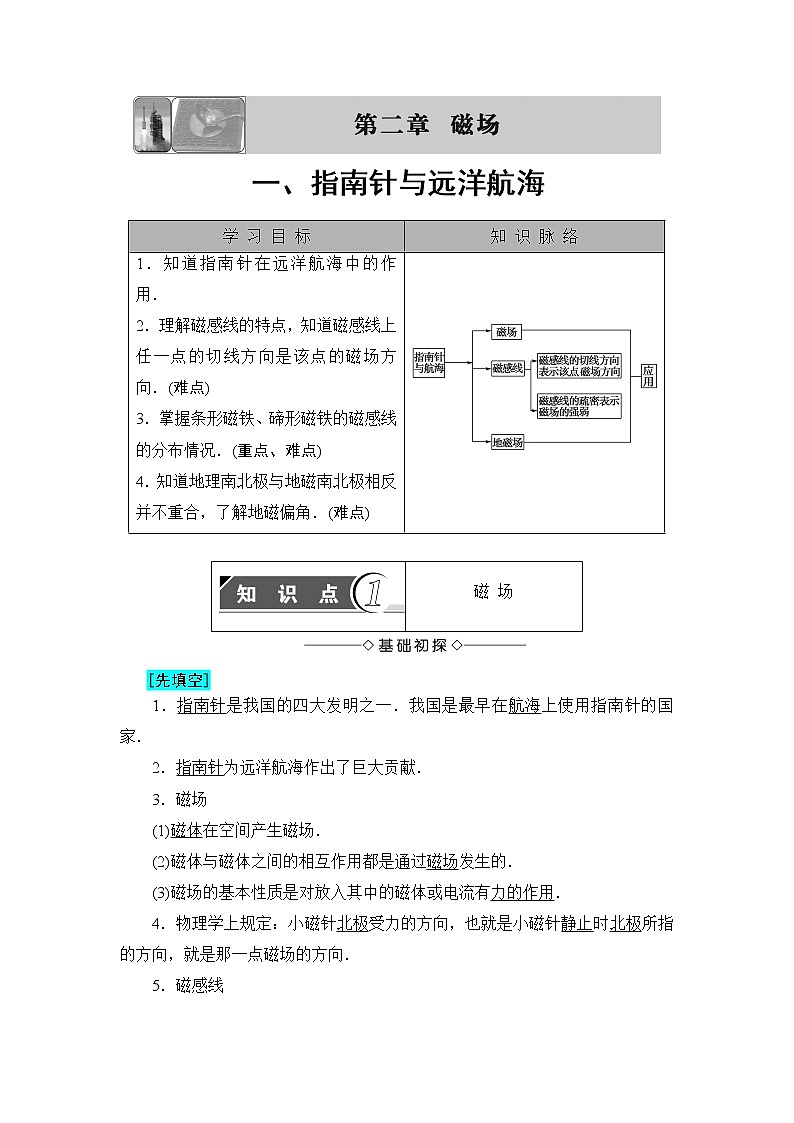 2018版高中物理(人教版)选修1-1:第2章 第1节 指南针与远洋航海 学案01