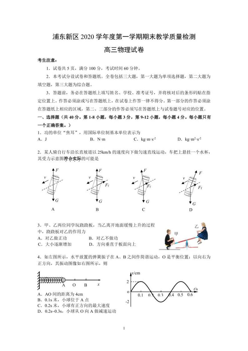 2020-2021学年上海市浦新东区高三等级考一模物理卷 含答案01