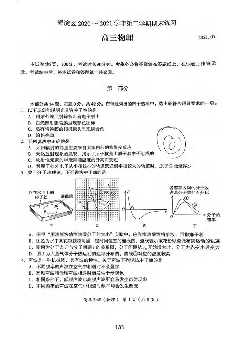 北京市海淀区2021届高三年级二模考试物理试题01