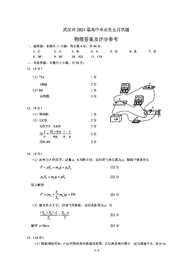 湖北省武汉市2021届高三下学期五月供题训练物理答案第1页
