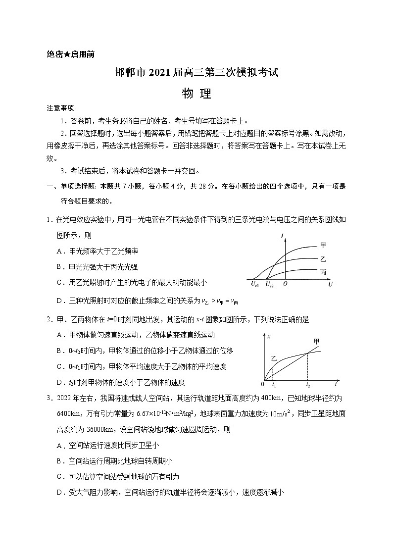 河北省邯郸市2021届高三下学期5月第三次模拟考试物理试题+答案01