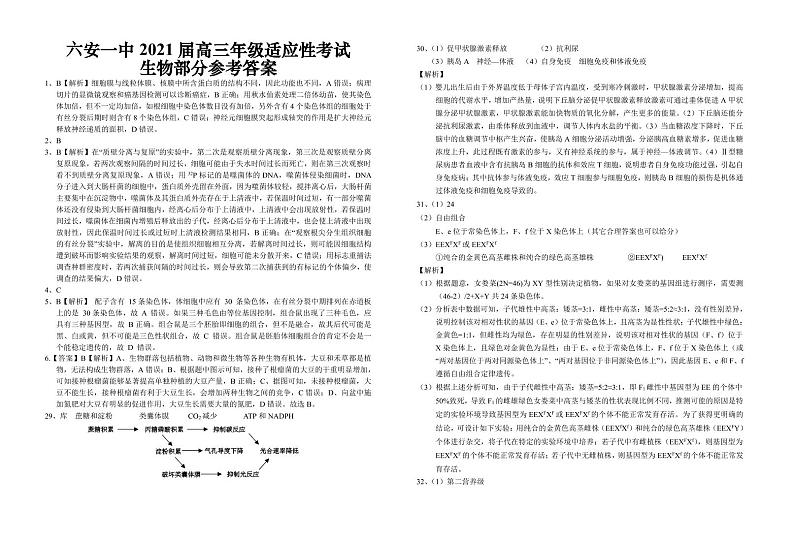 2021届安徽省六安市第一中学高三适应性考试理科综合生物答案第1页