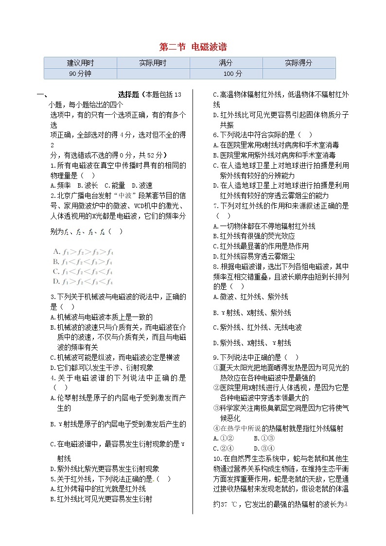 高中物理 第四章 第二节 电磁波谱同步检测 新人教版选修1-101