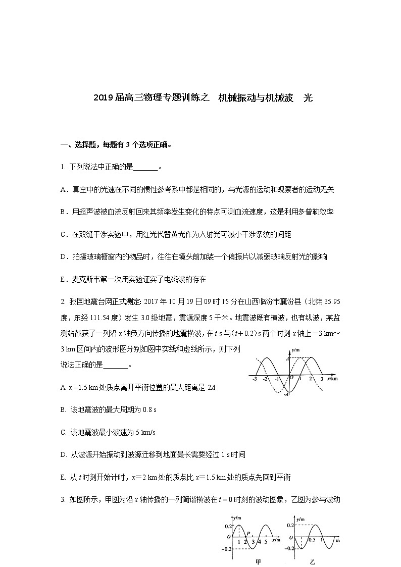 2019届高三物理专题训练之 机械振动与机械波 光第1页