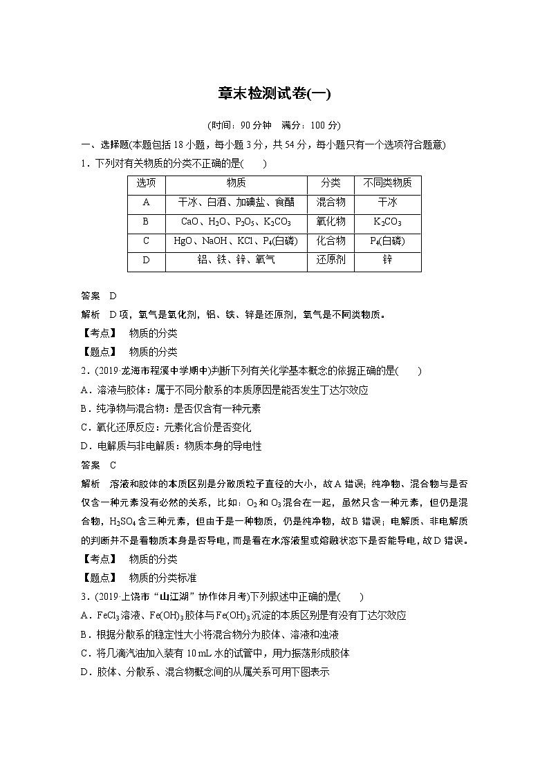 2021届高中化学人教版(2019)必修第一册 章末检测试卷(一)01