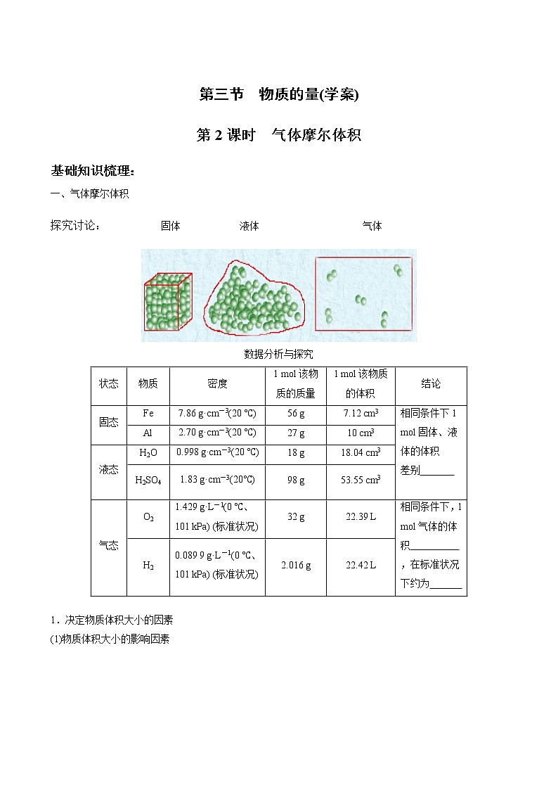2.3.2 气体摩尔体积-【新教材】人教版(2019)高中化学必修第一册自助学案+配套练习01