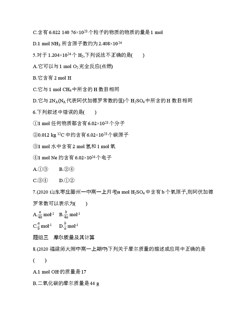 鲁科版 (2019) 高中化学 必修第一册 第1章 第3节第1课时 物质的量及其单位—摩尔 摩尔质量练习题02