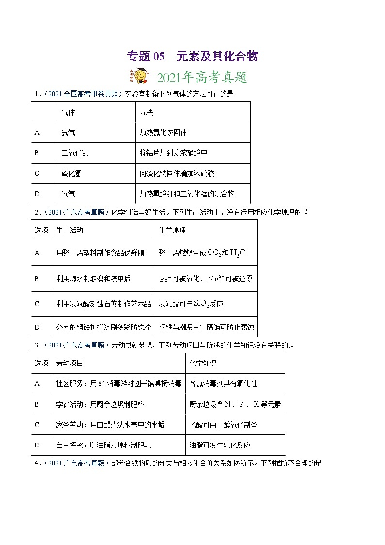 专题05 元素及其化合物-2021年高考真题和模拟题化学分项汇编(原卷版)第1页