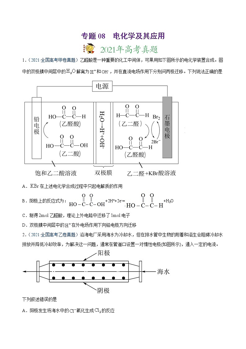专题08 电化学及其应用-2021年高考真题和模拟题化学分项汇编(原卷版)第1页