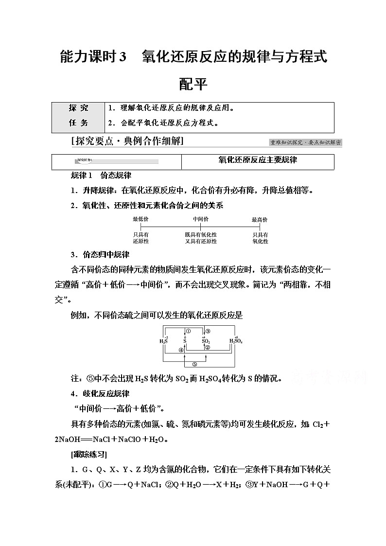 新教材人教版化学必修一学案:第1章 第3节 能力课时3 氧化还原反应的规律与方程式配平01