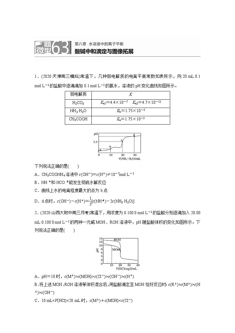 2022届高考化学一轮复习 微题型63 酸碱中和滴定与图像拓展(解析版)01