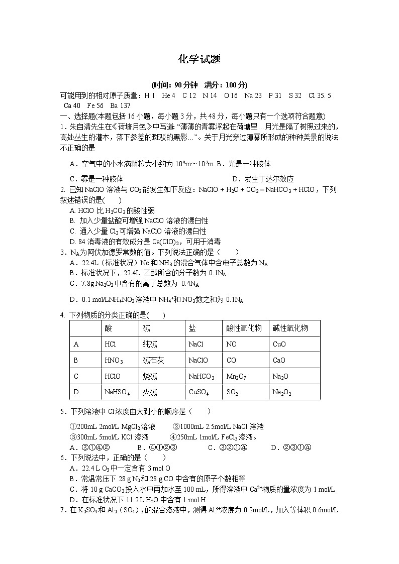 河南省镇平县第一高级中学2020-2021学年高一上学期第二次月考化学试题Word版含答案第1页