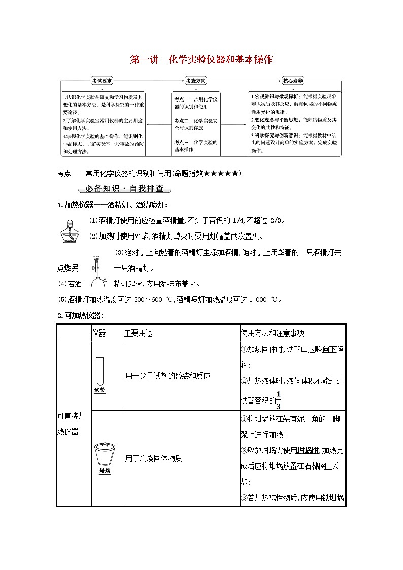 2022版高考化学一轮复习第一章从实验学化学第一讲化学实验仪器和基本操作学案新人教版第1页