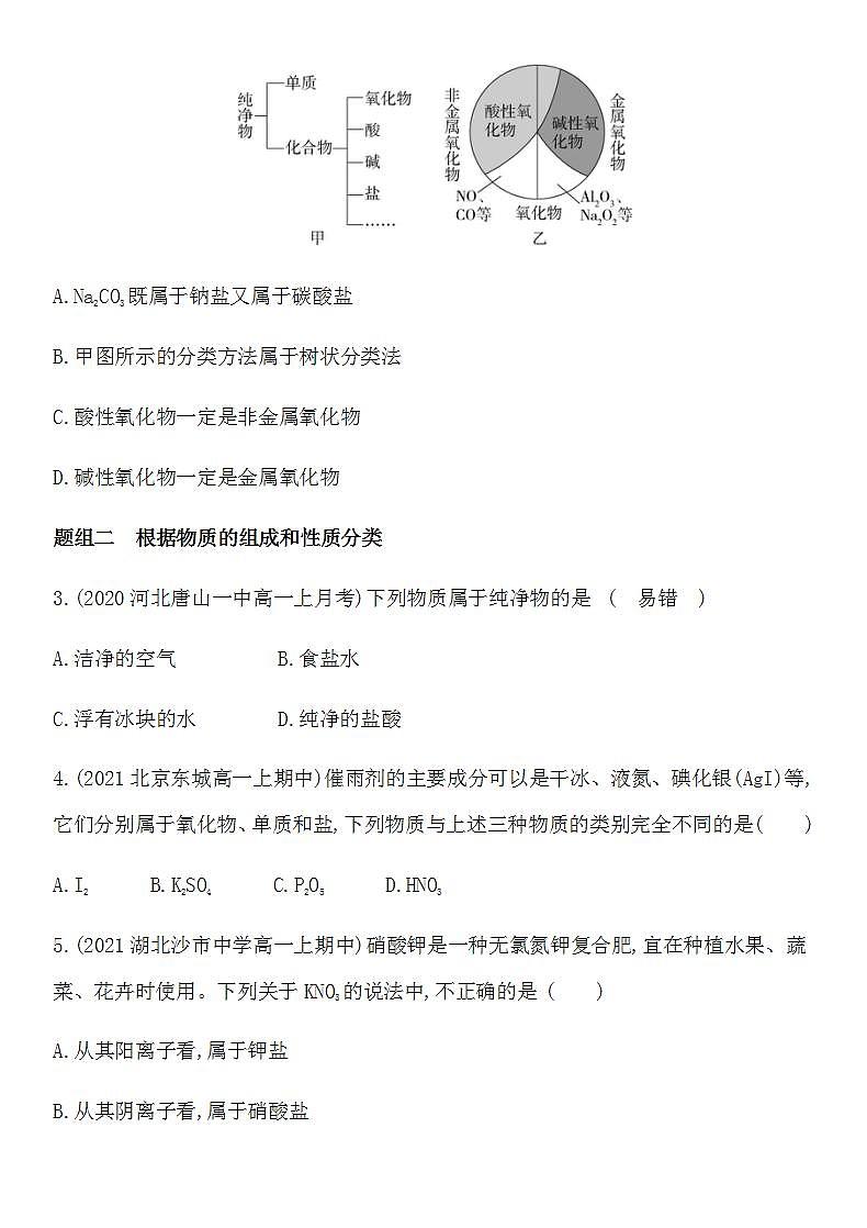 人教版 (2019)必修第一册 第一章 物质及其变化 第一节 第1课时 简单分类法及其应用(含答案)练习题第2页