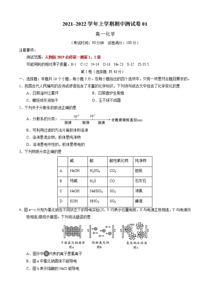 2021-2022学年高一化学上学期期中测试卷（人教版2019）01（含考试版+全解全析+答题卡）01