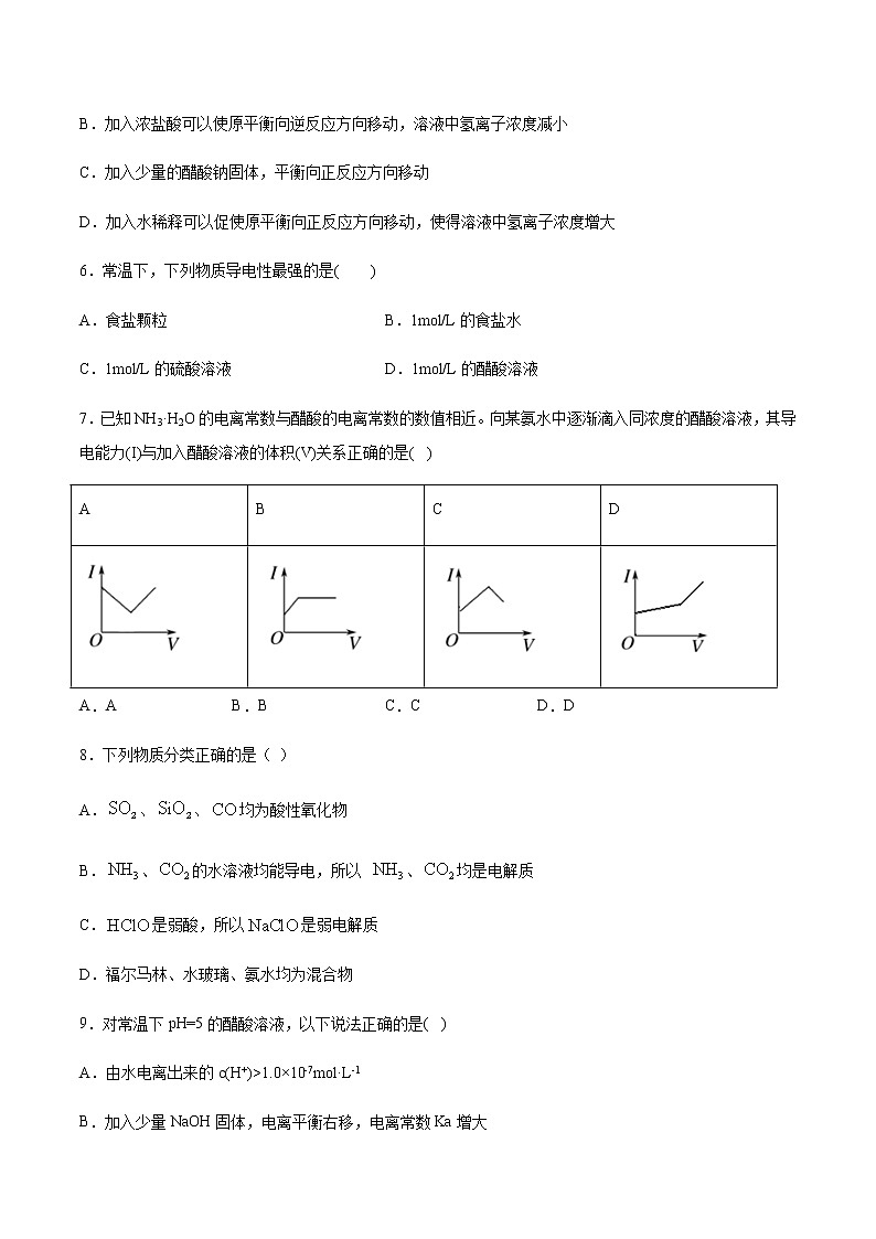 高二上学期化学新教材苏教版(2019)选择性必修1专题3第一单元弱电解质的电离平衡知识点强化训练第2页