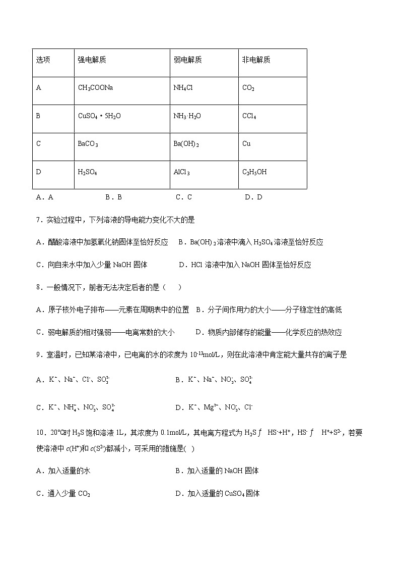 高二上学期化学新教材苏教版(2019)选择性必修1课时练习:专题三第一单元弱电解质的电离平衡02