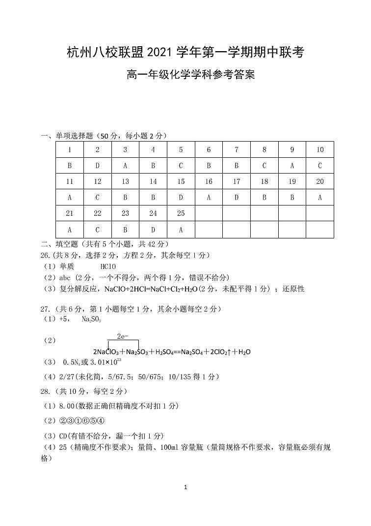 浙江省杭州八校联盟2021-2022学年高一上学期期中联考化学答案第1页