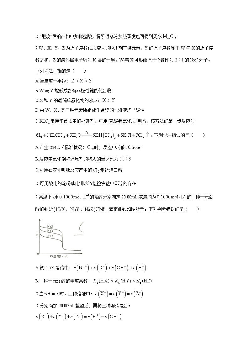 2021年湖南省普通高中学业水平选择性考试 化  学练习题03