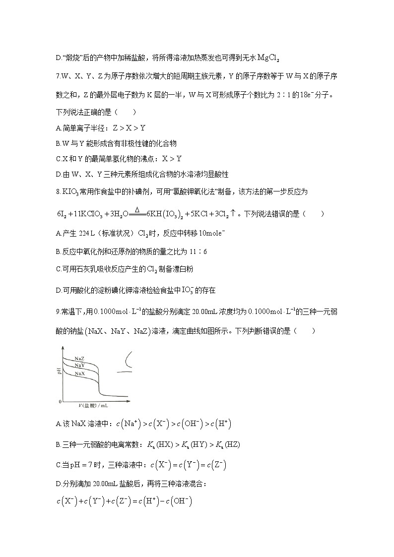 2021年湖南省普通高中学业水平选择性考试 化 学练习题03