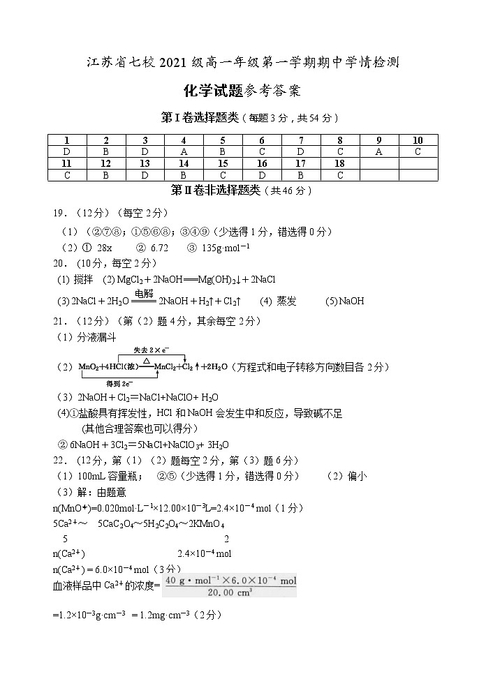 2021-2022江苏省金湖中学、涟水中学等七校高一第一学期期中大联考化学答案第1页