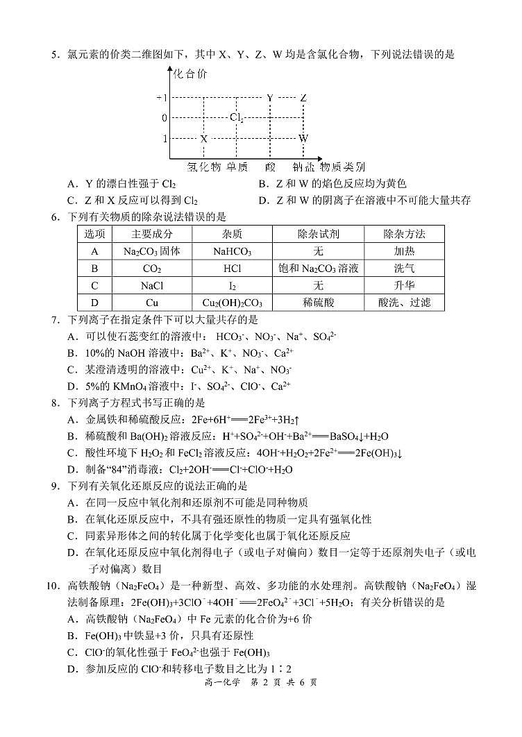 2021-2022学年上学期全国百强名校领军考试11月高一化学试题无答案02