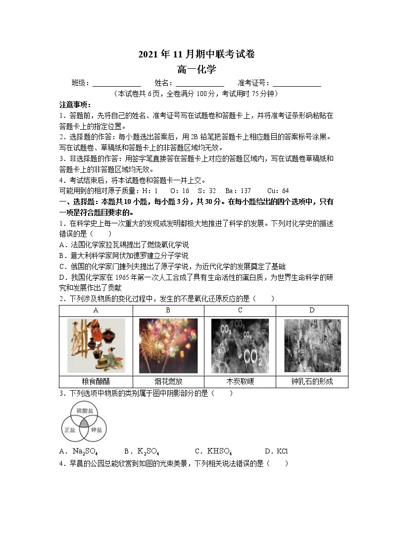 湖南省2021-2022学年高一11月期中联考化学试题01