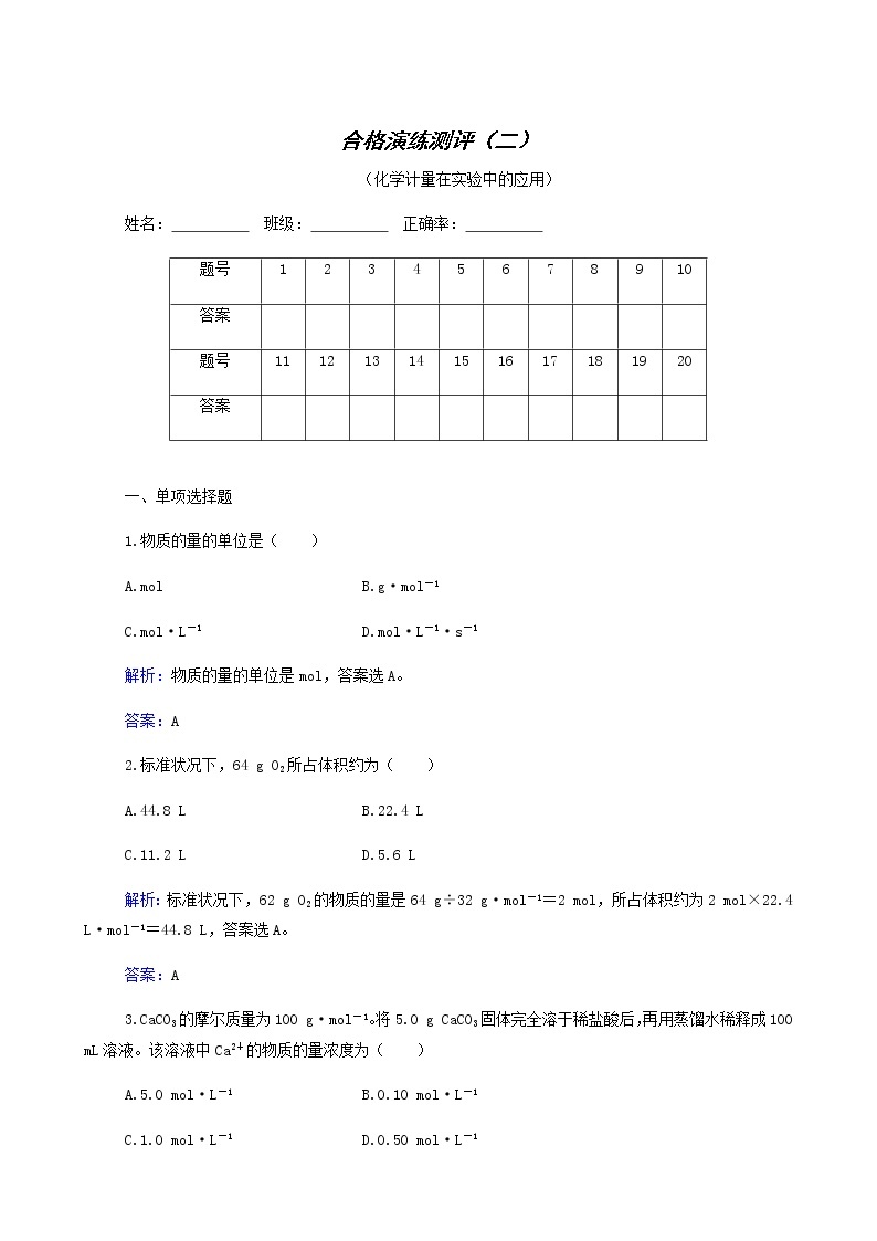 2022高考二轮复习  专题2 化学计量在实验中的应用01