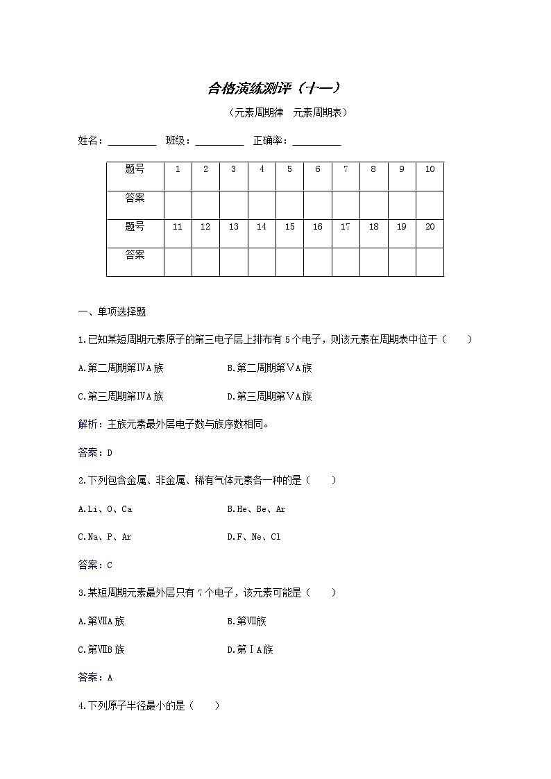 2022高考二轮复习  专题11 元素周期律元素周期表第1页