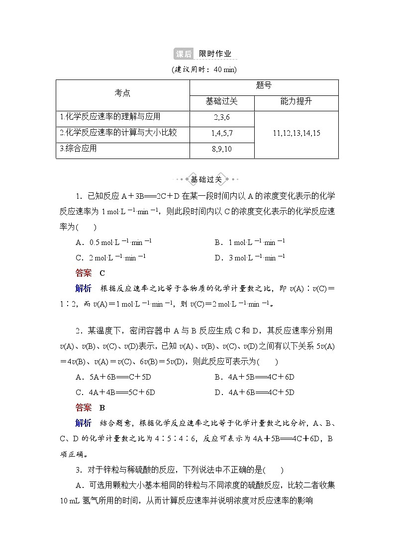 人教版 (2019)高中化学选择性必修1 第2章 第1节化学反应速率 第1课时练习题01