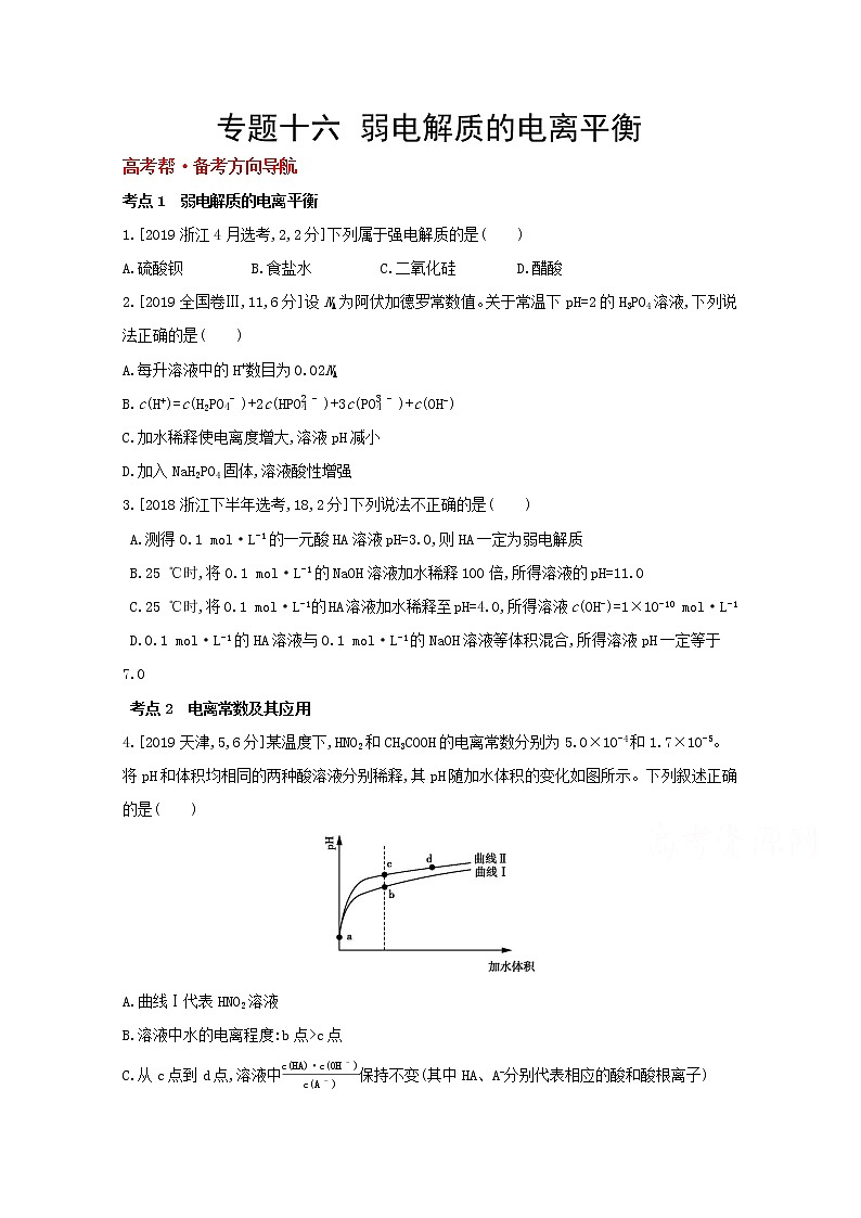 2022高三化学(全国版)一轮复习试题:专题十六 弱电解质的电离平衡 1 Word版第1页