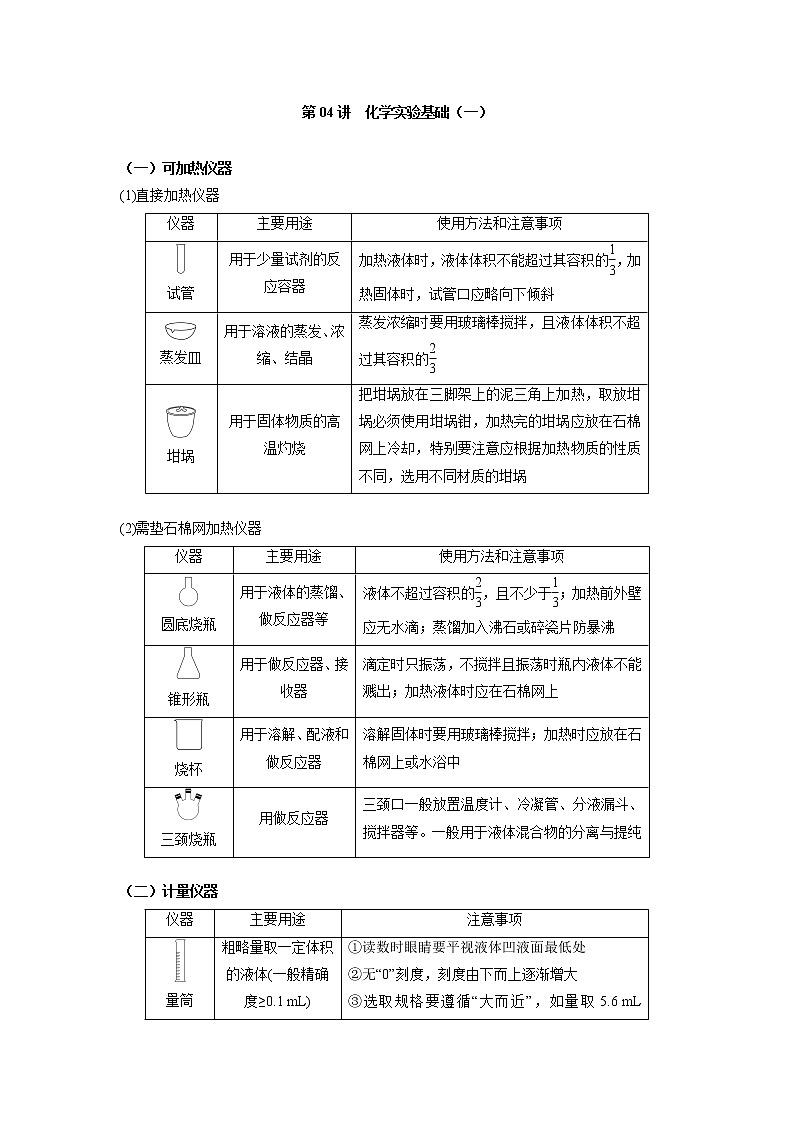 第04讲 化学实验基础(一)(讲义)(原卷版)-2022年高考化学一轮复习必做提升讲义(夯基础·再突破)第1页
