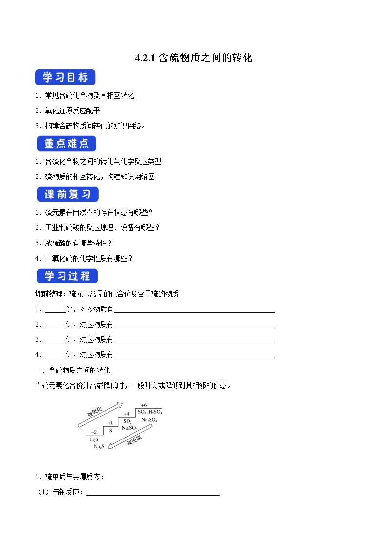 4.2.1 含硫物质之间的转化学案（1）-苏教版高中化学必修第一册01