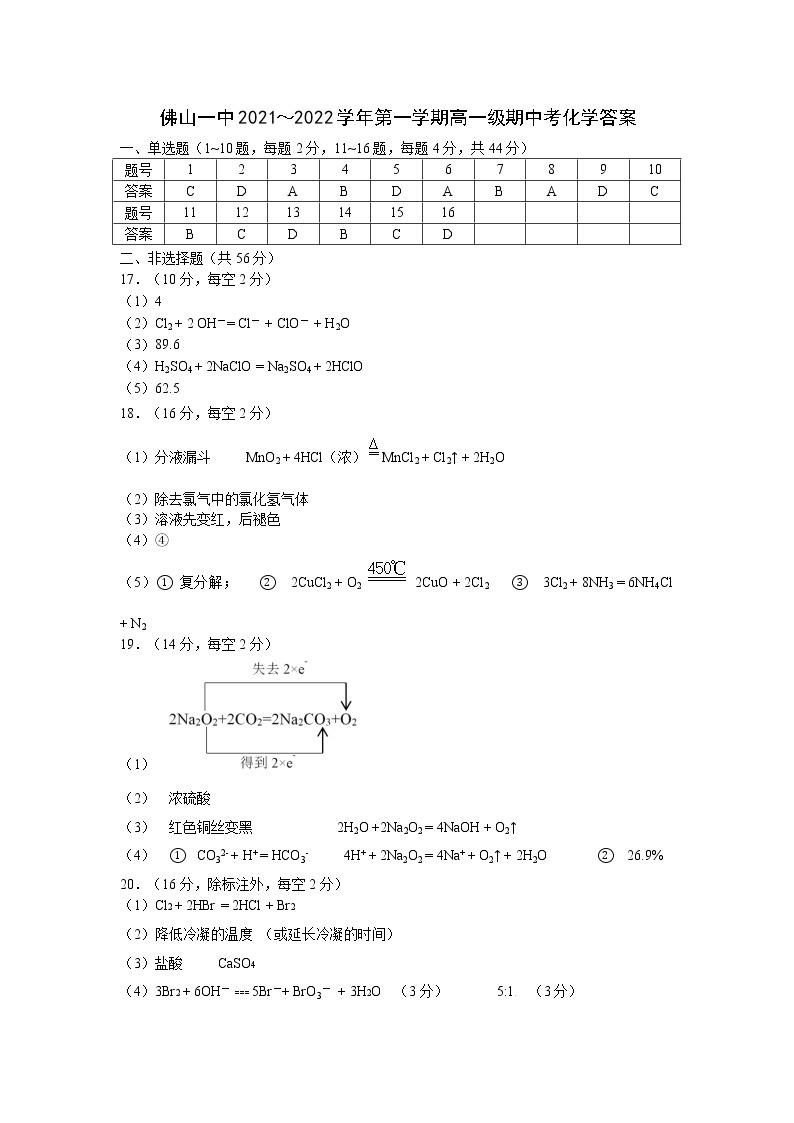 广东省佛山市第一中学2021-2022学年高一上学期期中考试化学含答案01
